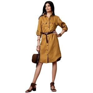 nwot BANANA REPUBLIC Dress S Linen Brown Belt Shirt-Style Roll-Tab-Sleeve Button